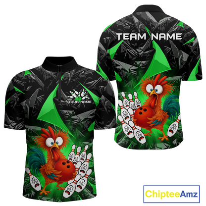 Custom Green Funny Chicken Bowling Jersey for Men Bowling Team Shirts  Polo & 1/4 Zip HNT138