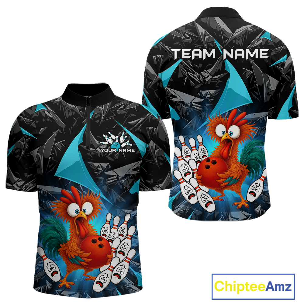 Custom Turquoise Funny Chicken Bowling Jersey for Men Bowling Team Shirts  Polo & 1/4 Zip HNT138