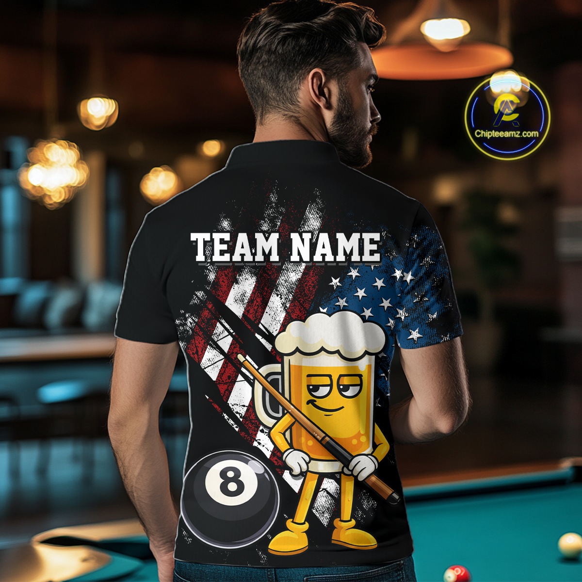 Custom Funny US Flag Beer 8 Ball Pool Men Billiard Polo & 1/4 Zip, Billiard Shirt, Billiard Team Jerseys NNT146