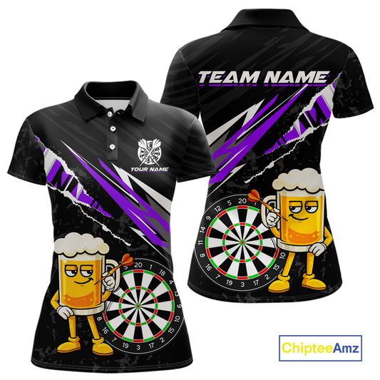 Custom Purple Funny Beer Dart Shirts for Women Darts Team Jerseys Dart Tournament Polo & 1/4 Zip NNT139