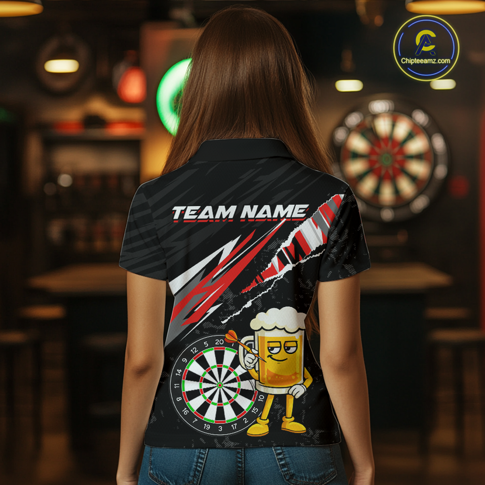 Custom Red Funny Beer Dart Shirts for Women Darts Team Jerseys Dart Tournament Polo & 1/4 Zip NNT139