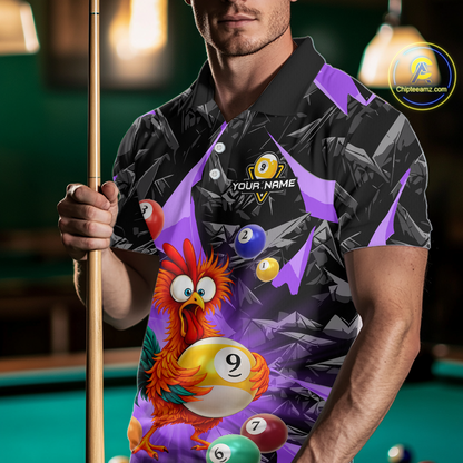 Custom Funny Purple Chicken 9 Ball Pool Billiard Shirt for Men Polo & 1/4 Zip, Billiard Team Jerseys NNT157