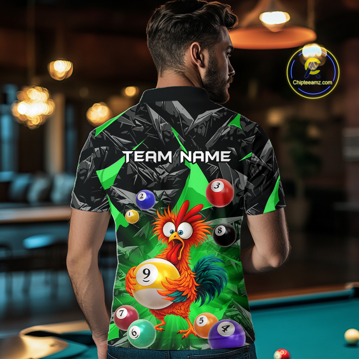 Custom Funny Green Chicken 9 Ball Pool Billiard Shirt for Men Polo & 1/4 Zip, Billiard Team Jerseys NNT157