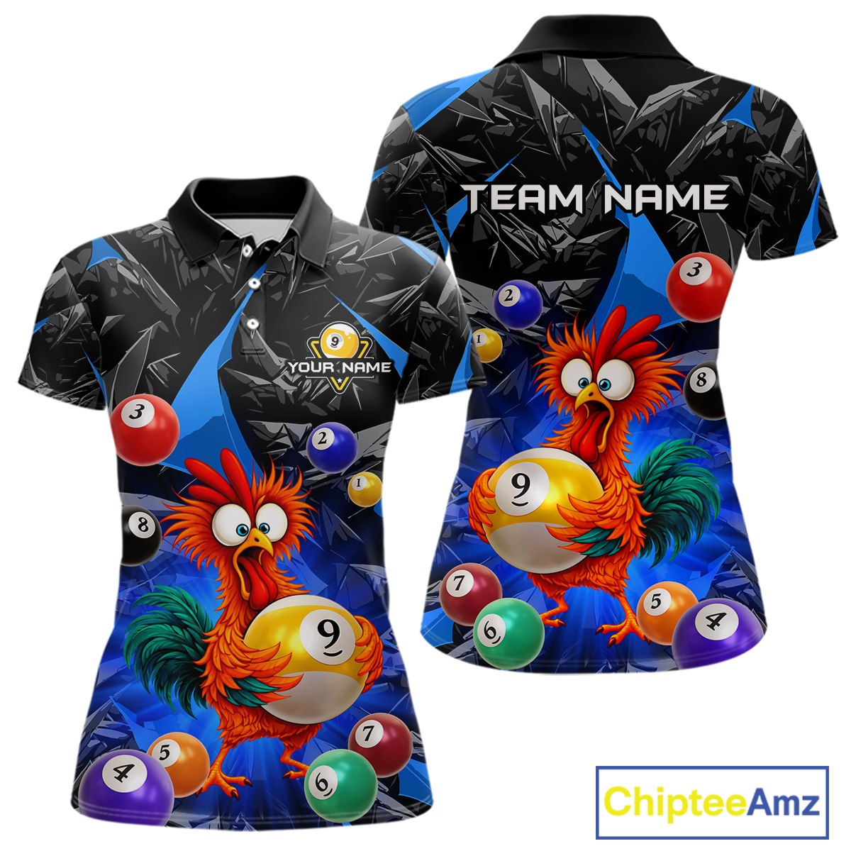 Custom Funny Blue Chicken 9 Ball Pool Billiard Shirt for Women Polo & 1/4 Zip, Billiard Team Jerseys NNT157