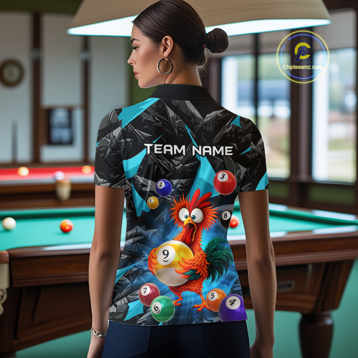Custom Funny Turquoise Chicken 9 Ball Pool Billiard Shirt for Women Polo & 1/4 Zip, Billiard Team Jerseys NNT157