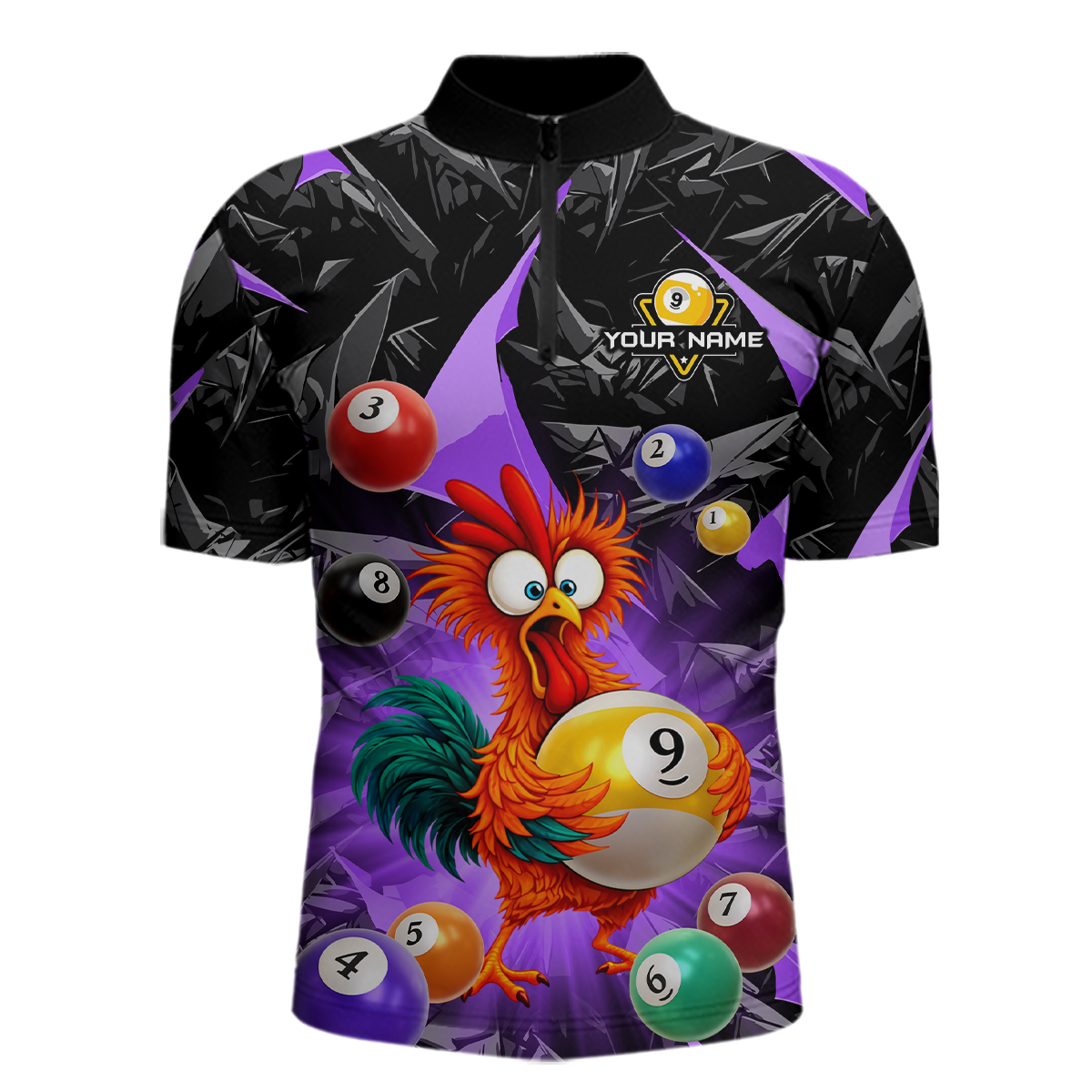 Custom Funny Purple Chicken 9 Ball Pool Billiard Shirt for Men Polo & 1/4 Zip, Billiard Team Jerseys NNT157