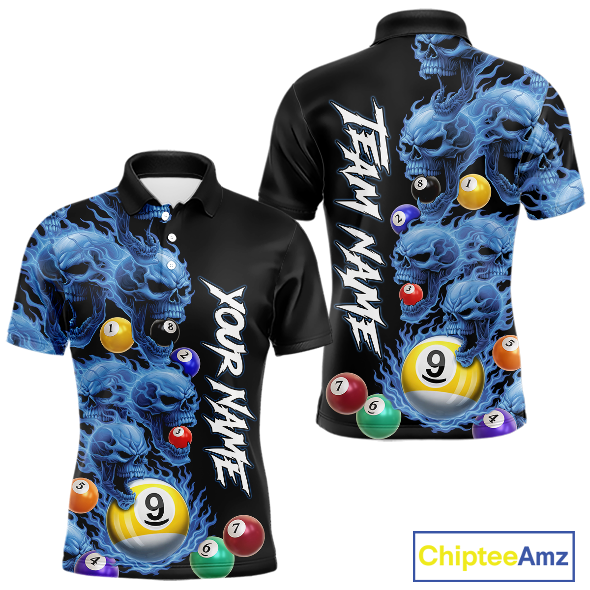 Custom Blue Flame Skull 9 Ball Pool Billiard Shirt for Men Polo & 1/4 Zip, Billiard Team Jerseys NNT159