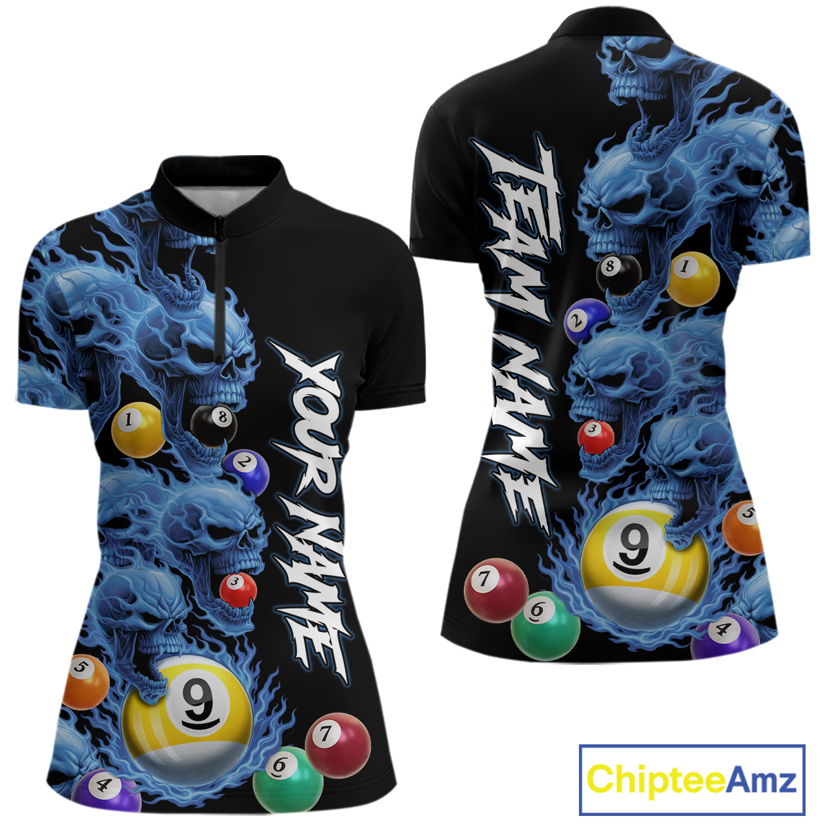 Custom Blue Flame Skull 9 Ball Pool Billiard Shirt for Women Polo & 1/4 Zip, Billiard Team Jerseys NNT1159