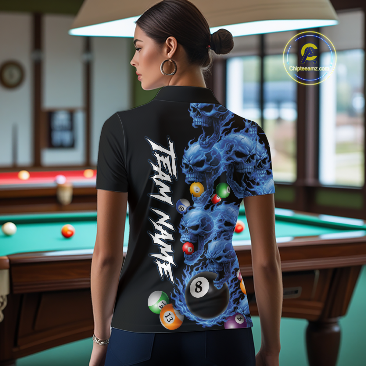 Custom Blue Flame Skull 8 Ball Pool Billiard Shirt for Women Polo & 1/4 Zip, Billiard Team Jerseys NNT160
