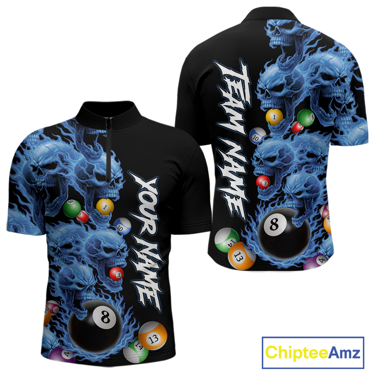 Custom Blue Flame Skull 8 Ball Pool Billiard Shirt for Men Polo & 1/4 Zip, Billiard Team Jerseys NNT160