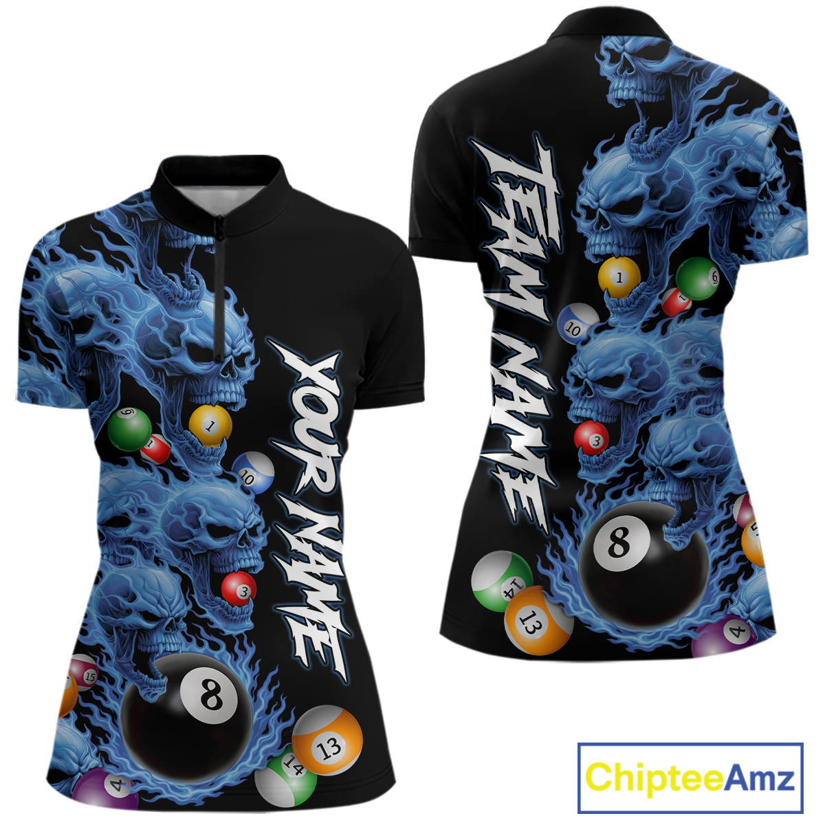 Custom Blue Flame Skull 8 Ball Pool Billiard Shirt for Women Polo & 1/4 Zip, Billiard Team Jerseys NNT160