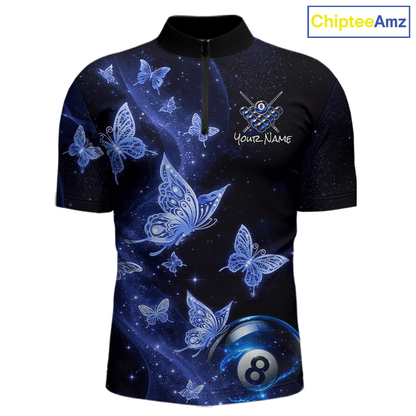 Custom Blue Butterfly Galaxy 8 Ball Billiard Shirt for Men Billiard Team Jersey Billiard League NNT192