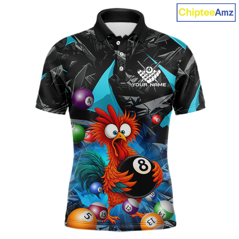 Custom Turquoise Funny Chicken 8 Ball & 9 Ball Billiard Shirt for Men Billiard Team Jerseys NNT190