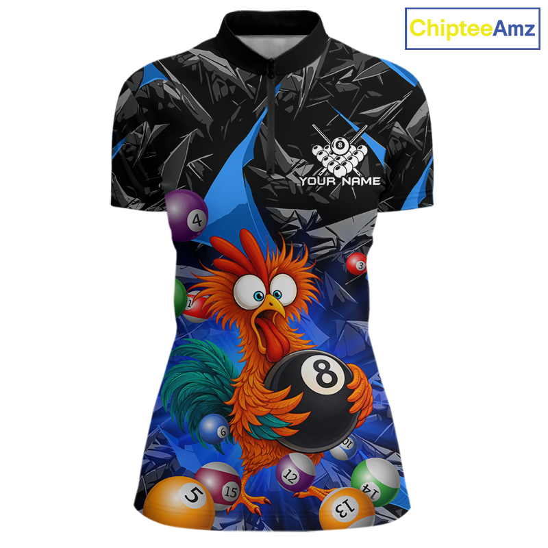 Custom Blue Funny Chicken 8 Ball & 9 Ball Billiard Shirt for Women Billiard Team Jerseys NNT190
