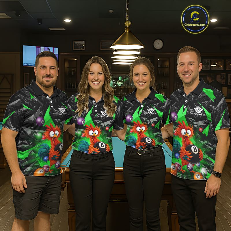 Custom Green Funny Chicken 8 Ball & 9 Ball Billiard Shirt for Men Billiard Team Jerseys NNT190