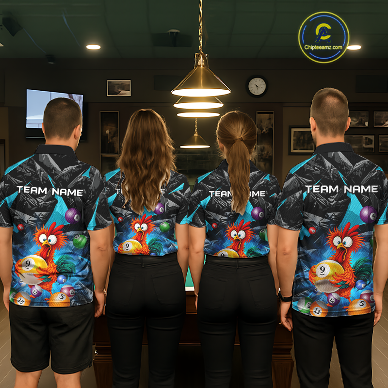 Custom Turquoise Funny Chicken 8 Ball & 9 Ball Billiard Shirt for Men Billiard Team Jerseys NNT190