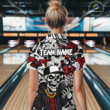 Load image into Gallery viewer, Person wearing a colorful bowling shirt with a skull design in a bowling alley.