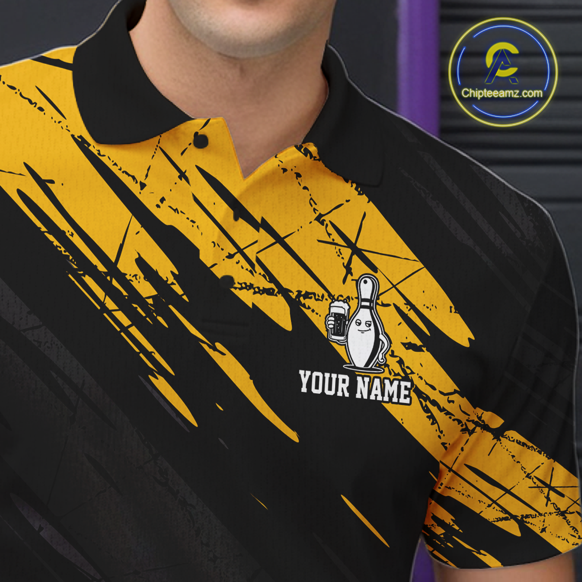 Custom Yellow Funny Bowling Tournament Jersey for Men Bowling Team Shirts Polo & 1/4 Zip HNT178