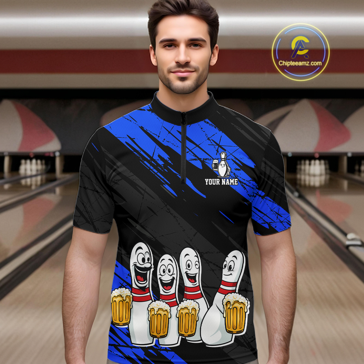 Custom Blue Funny Bowling Tournament Jersey for Men Bowling Team Shirts Polo & 1/4 Zip HNT178
