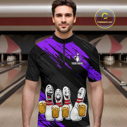 Custom Purple Funny Bowling Tournament Jersey for Men Bowling Team Shirts Polo & 1/4 Zip HNT178