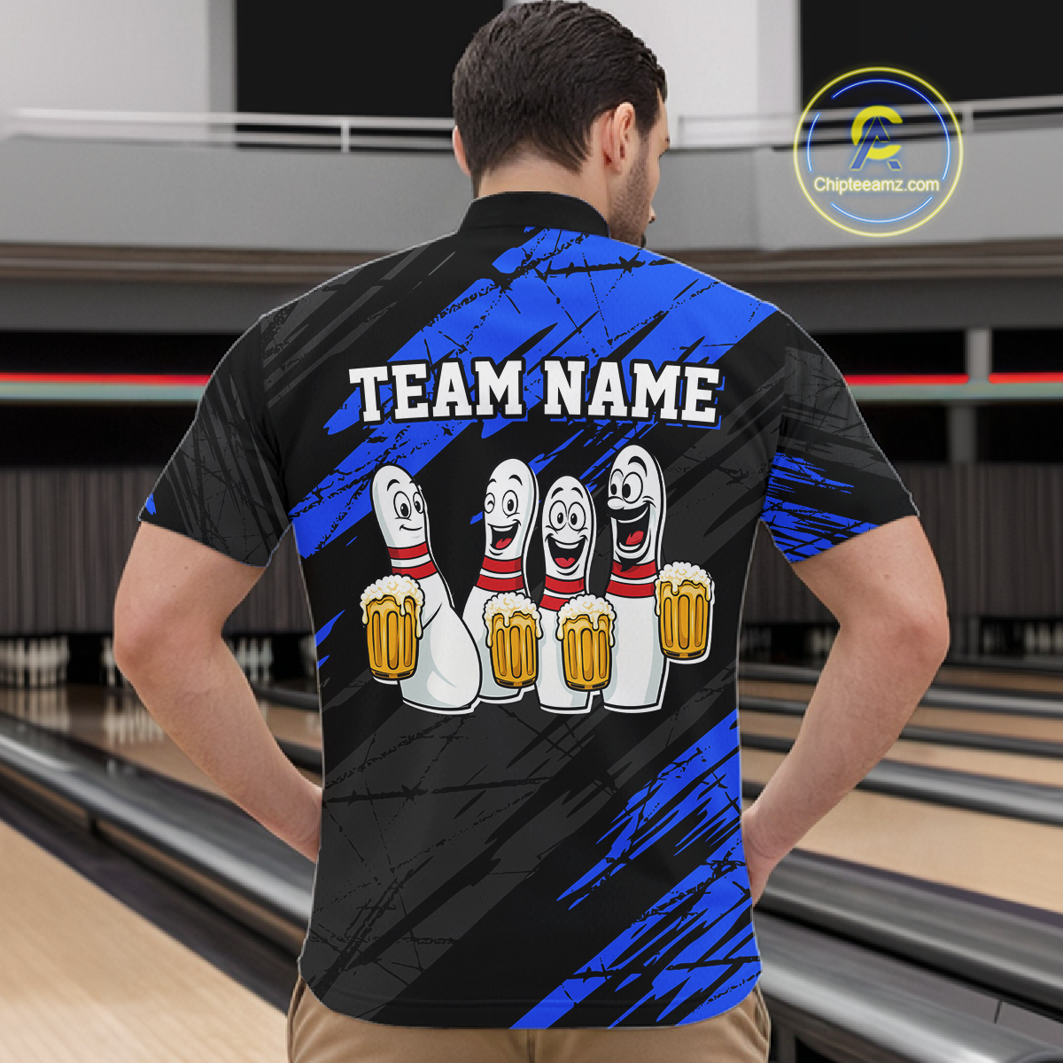Custom Blue Funny Bowling Tournament Jersey for Men Bowling Team Shirts Polo & 1/4 Zip HNT178