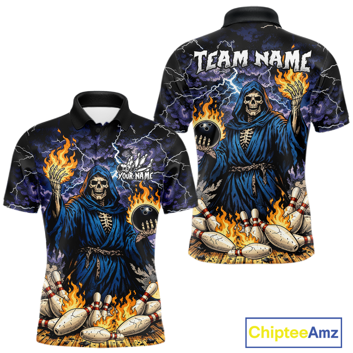 Custom Flame Grim Reaper Bowling Jersey for Men Polo & 1/4 Zip Bowling Team Shirts HNT222