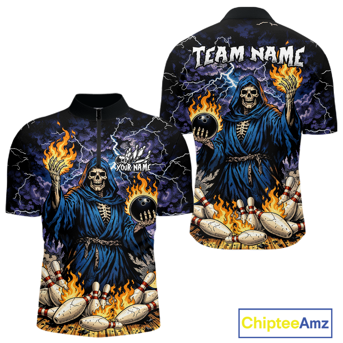 Custom Flame Grim Reaper Bowling Jersey for Men Polo & 1/4 Zip Bowling Team Shirts HNT222
