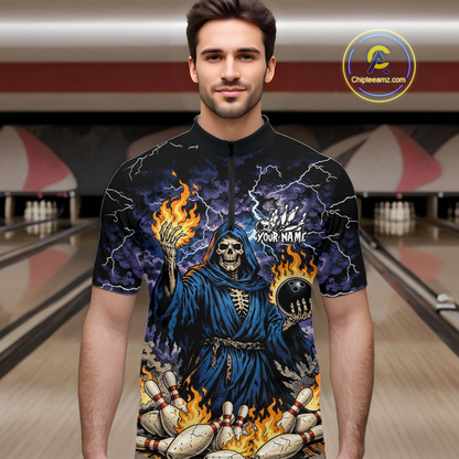 Custom Flame Grim Reaper Bowling Jersey for Men Polo & 1/4 Zip Bowling Team Shirts HNT222
