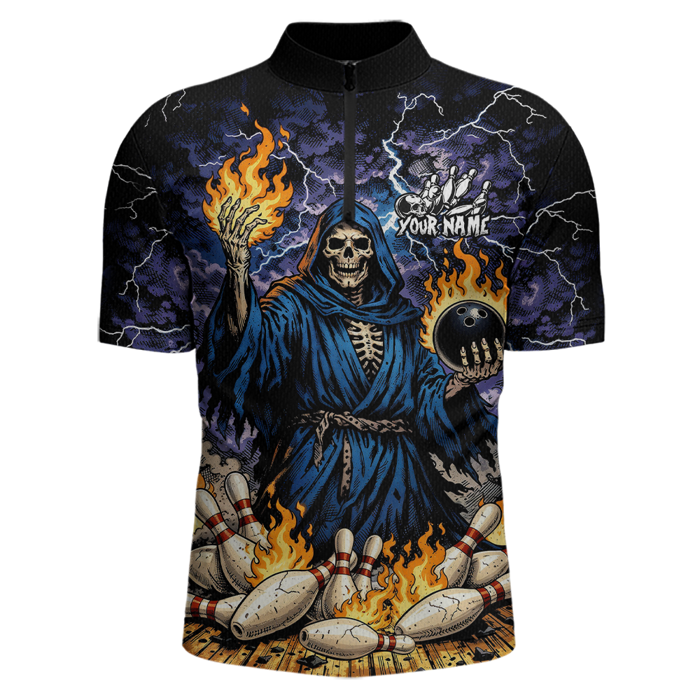 Custom Flame Grim Reaper Bowling Jersey for Men Polo & 1/4 Zip Bowling Team Shirts HNT222