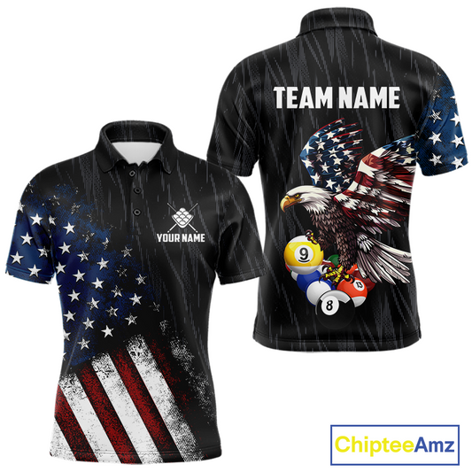 Front and back views of a black short-sleeve polo shirt with a distressed American flag print on the left side, featuring a bald eagle and pool balls graphic on the back, with customizable text placeholders 'YOUR NAME' and 'TEAM NAME'.