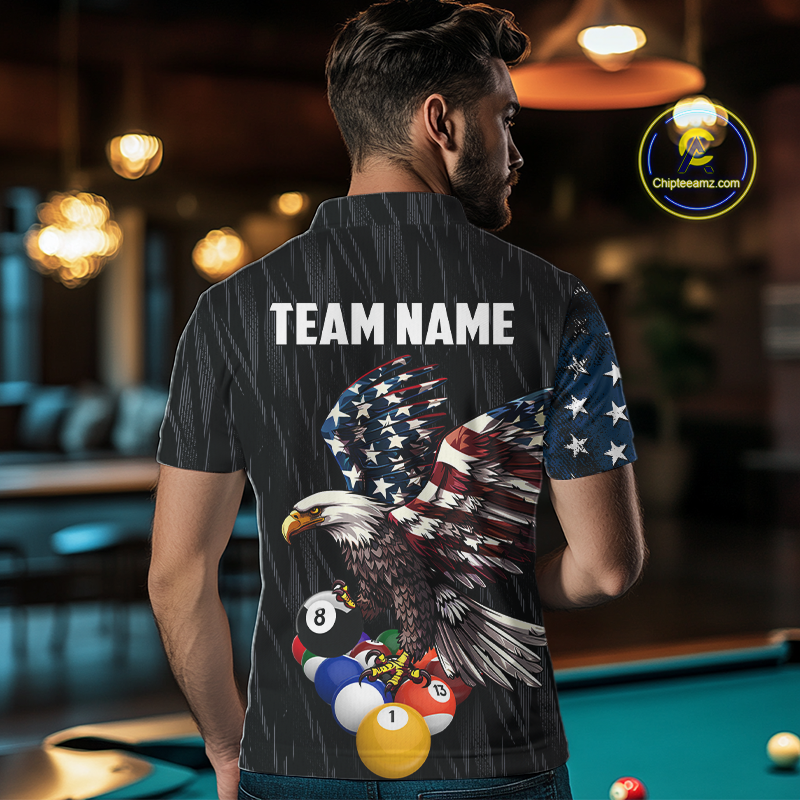 Men wearing personalized billiards polo shirt with an eagle positioned above pool balls while flag artwork flows across the black layout.