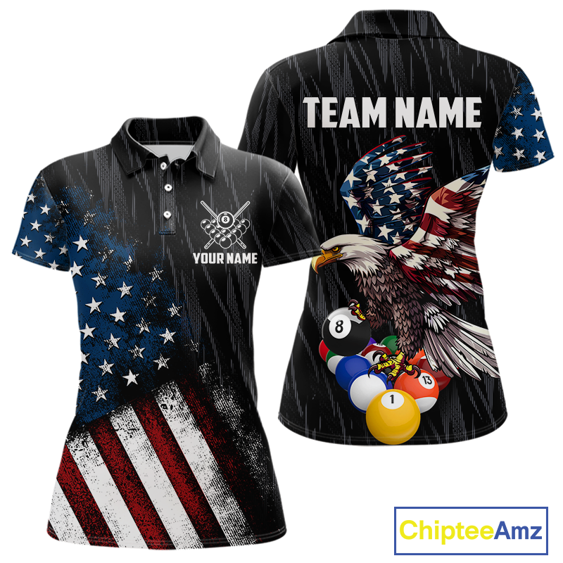 Front and back view personalized billiards polo shirt with an eagle positioned above pool balls while flag artwork flows across the black layout.