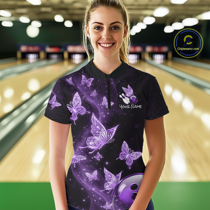 Custom Purple Galaxy Butterflies Bowling Shirt for Women Butterfly Bowling Team Jersey Bowling League HNT277