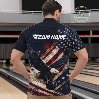 Men’s us flag eagle bowling quarter zip shirt, back view on male model in bowling lane 