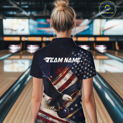 Women’s us flag eagle bowling polo shirt, back view on female model in bowling lane 