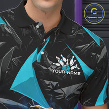 Load image into Gallery viewer, Men’s turquoise bearded dragon bowling polo shirt with custom name, angled front view showing custom team design 