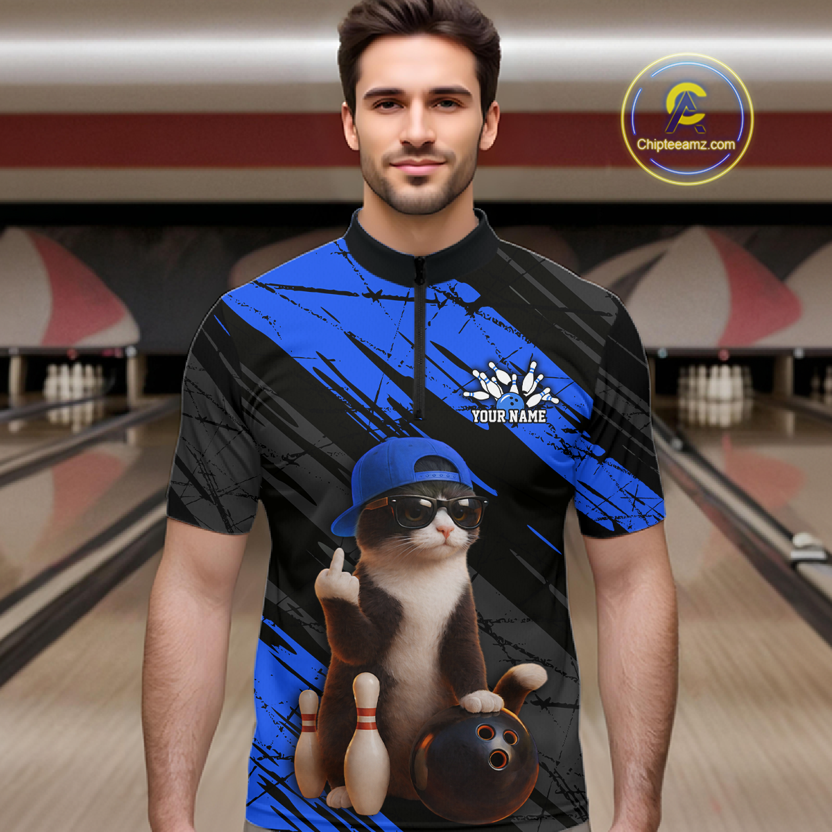 Custom Funny Cat Blue Bowling Jersey for Men Bowling Polo & 1/4 Zip Bowling Team Shirts HNT198