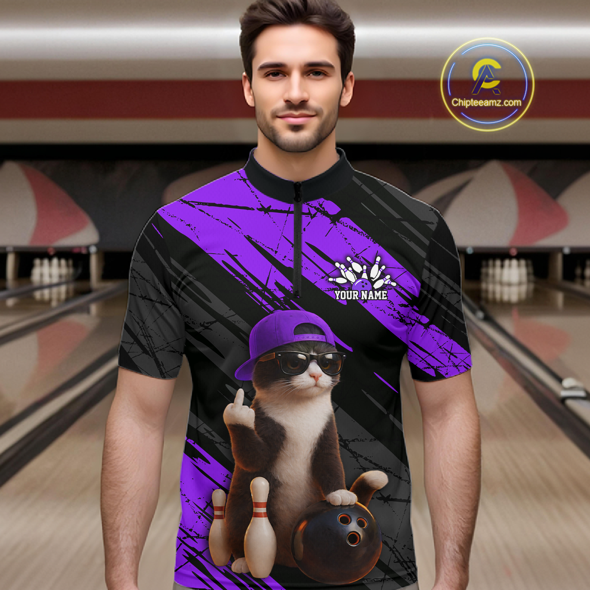 Custom Funny Cat Purple Bowling Jersey for Men Bowling Polo & 1/4 Zip Bowling Team Shirts HNT198