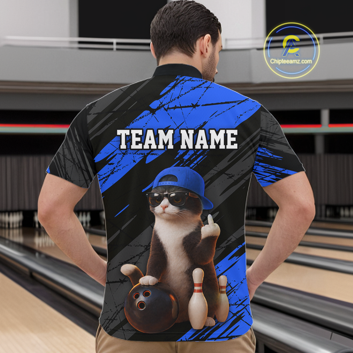 Custom Funny Cat Blue Bowling Jersey for Men Bowling Polo & 1/4 Zip Bowling Team Shirts HNT198