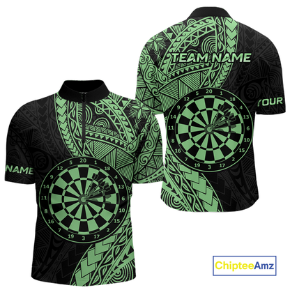 Custom Green Tribal Dart Shirts for Men Dart Team Jersey Dartboard Gifts Polo & 1/4 Zip NNT163