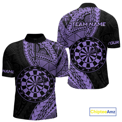 Custom Purple Tribal Dart Shirts for Men Dart Team Jersey Dartboard Gifts Polo & 1/4 Zip NNT163