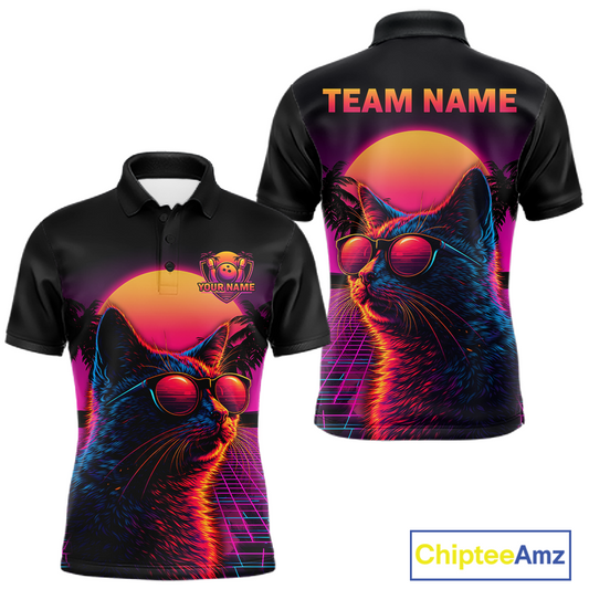 Custom Funny Cat Retro Sunset Bowling Jersey for Men Bowling Uniform Bowling Team Shirts HNT279