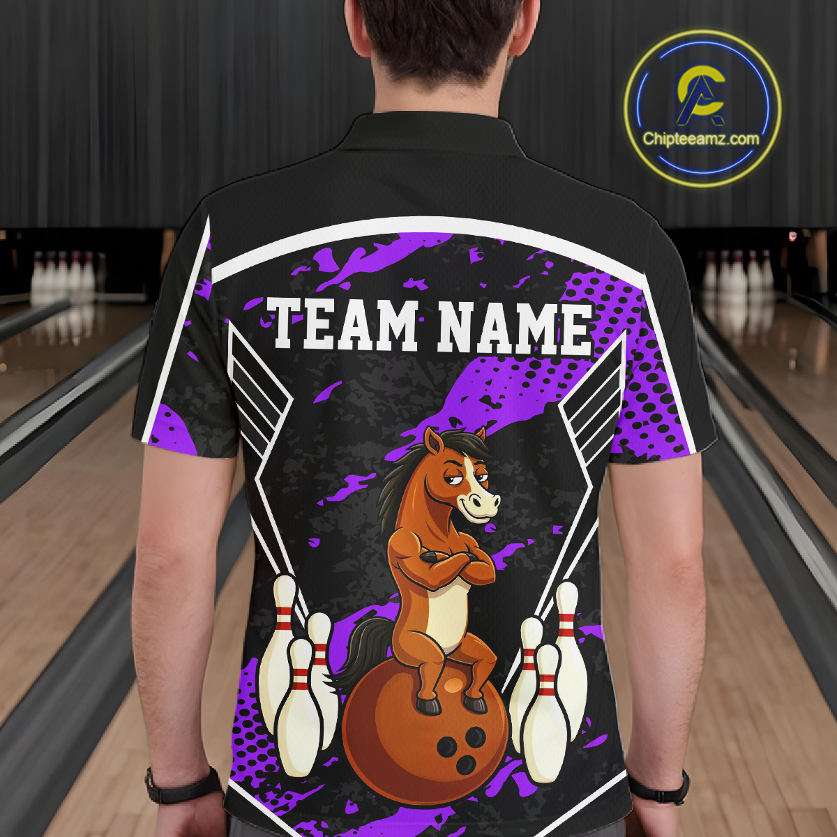 Custom Purple Funny Horse Bowling Tournament Jersey for Men Bowling Team Shirts Polo & 1/4 Zip HNT180
