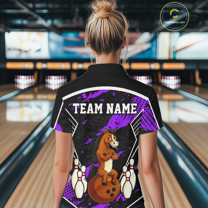 Custom Purple Funny Horse Bowling Tournament Jersey for Women Bowling Team Shirts Polo & 1/4 Zip HNT180