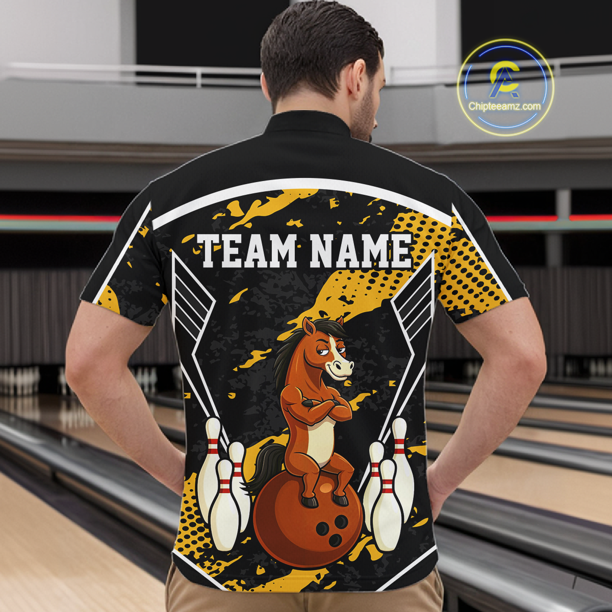 Custom Yellow Funny Horse Bowling Tournament Jersey for Men Bowling Team Shirts Polo & 1/4 Zip HNT180