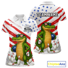 Load image into Gallery viewer, Custom US Flag Funny Alligator Bowling shirts for Women, Crocodile Bowling Team Jerseys HNT206