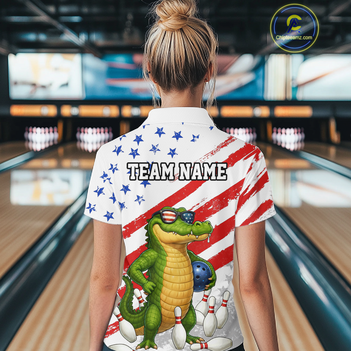 Custom US Flag Funny Alligator Bowling shirts for Women, Crocodile Bowling Team Jerseys HNT206