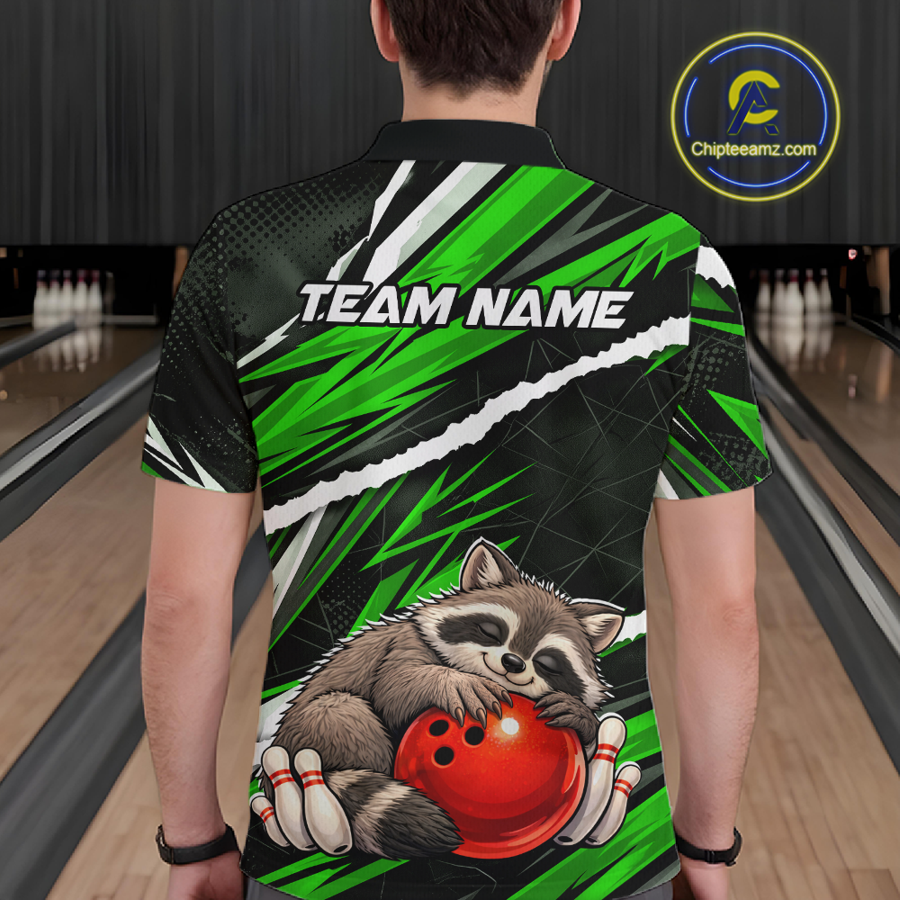 Custom Green Raccoon Funny Bowling Jersey for Men Bowling Team Shirts Polo & 1/4 Zip HNT247