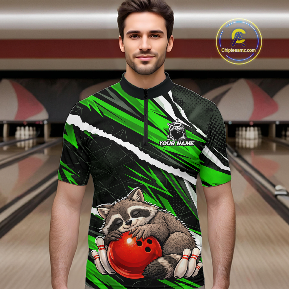 Custom Green Raccoon Funny Bowling Jersey for Men Bowling Team Shirts Polo & 1/4 Zip HNT247