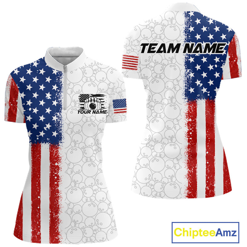 Front and back views of a women's short-sleeve polo shirt featuring a distressed American flag design with a white bubble pattern background. The front has a custom graphic on the chest and a small American flag patch on the sleeve.